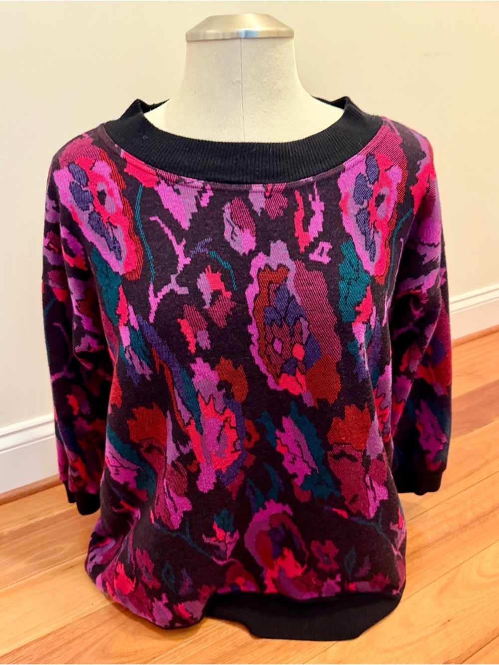 VTG 80s Made in USA Floral Abstract Crewneck Sweater in Multi-Pink